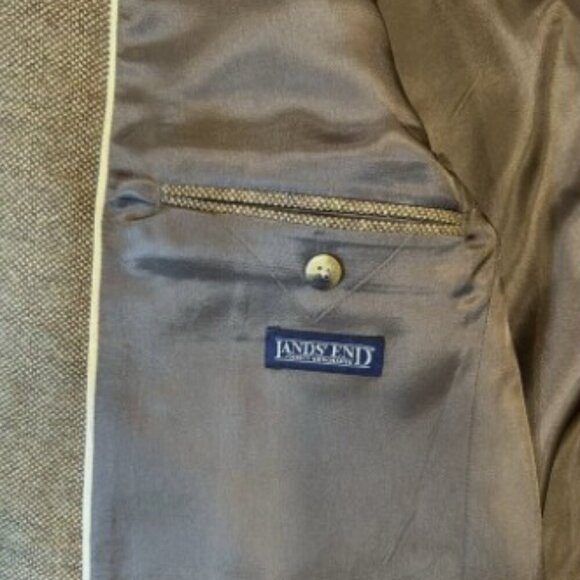 Lands End Blazer 44R Men's Herringbone Tweed Lambswool Lined Pockets Tan Beige - Picture 7 of 11